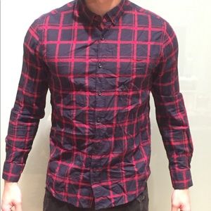 Men’s Red and Blue Plaid Style Button Up